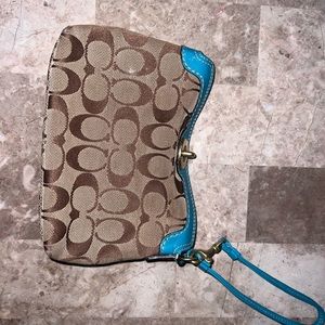 Coach canvas logo wristlet with toggle lock - turquoise trim